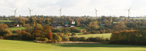 How the turbines would appear from the Barrow Hill footpath. M = Sulgrave Manor