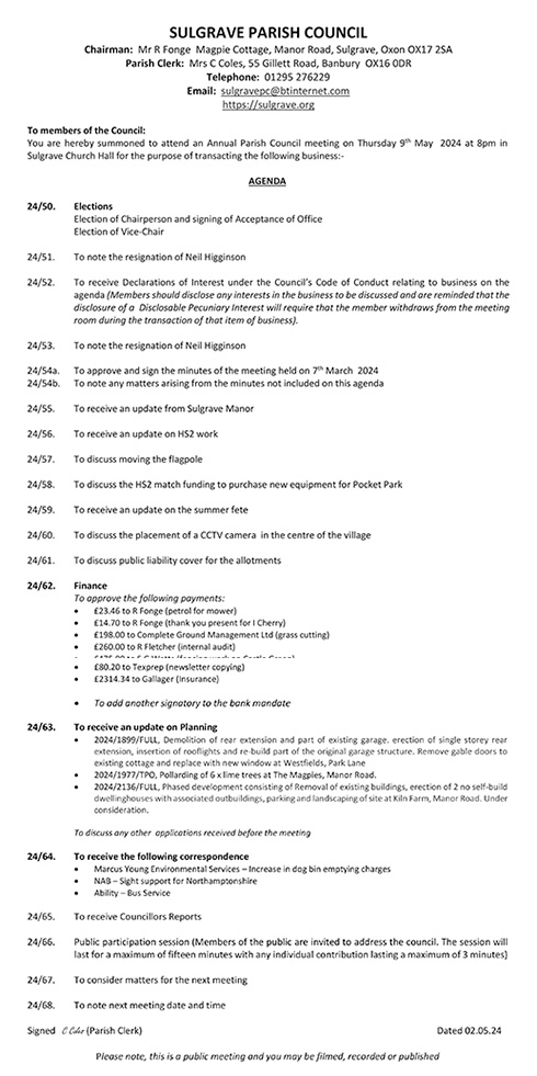 Annual PC Meeting 2024 Agenda-2c « Sulgrave Village Website